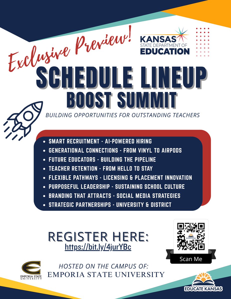 EducateKansas's tweet photo. 🚀Join us at the BOOST Summit exploring innovative strategies!
📍Emporia State University @emporiastate
📅 June 29–30
Group Pricing: $125 first registration | $100 additional attendees
Register: https://t.co/MePJimGrFd

@ksdehq https://t.co/4BbvW9YJHO