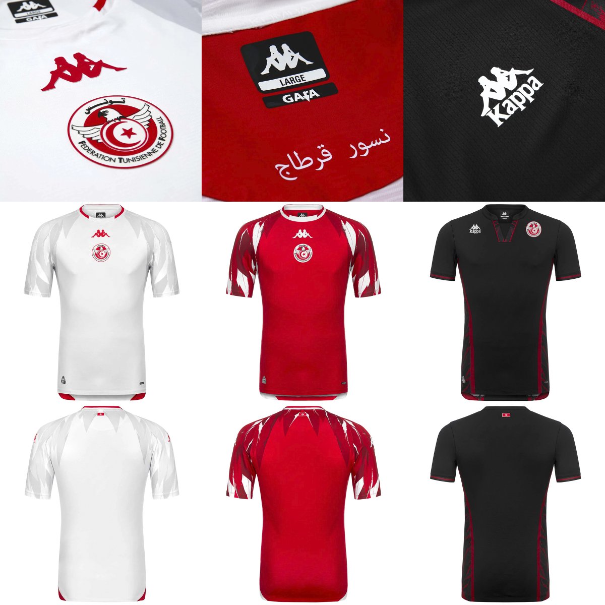 EleteTSC's tweet photo. 🇹🇳 @KappaFrance ha revelado las camisetas de Túnez para el Mundial 2026.

Titular blanca y suplente roja con logos centrados y diseño de plumas en las mangas. Tercera negra con el gráfico de plumas en rojo sobre cuello y costados. Apodo "Águilas de Cartago" dentro del cuello. https://t.co/UtHTovoxfq
