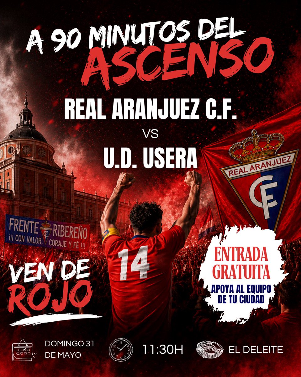 realaranjuez's tweet photo. 📰 PREVIA

🏠 Noventa minutos para tocar el cielo

🆚 @UDUsera 
🗓️ 31 de mayo.
⏰ 11:30h.
🏟️ El Deleite.

📲 https://t.co/nwJvSugYcH

#VamosAranjuez #OrgulloRibereño https://t.co/TkfbC8XxGE