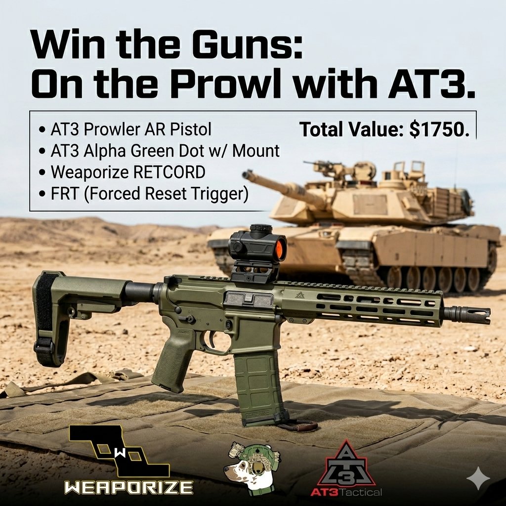guns_win's tweet photo. WE ARE LIVE! The latest Win the Guns exclusive giveaway includes an @AT3Tactical Prowler AR pistol with an Alpha Green Dot, a @textacdesigns FRT, and a @weaporize RETCORD! 
Tell all your friends :)
Enter here: https://t.co/wbnKILbmIl
.
#2a #gungiveaway https://t.co/RhkNW19WEj