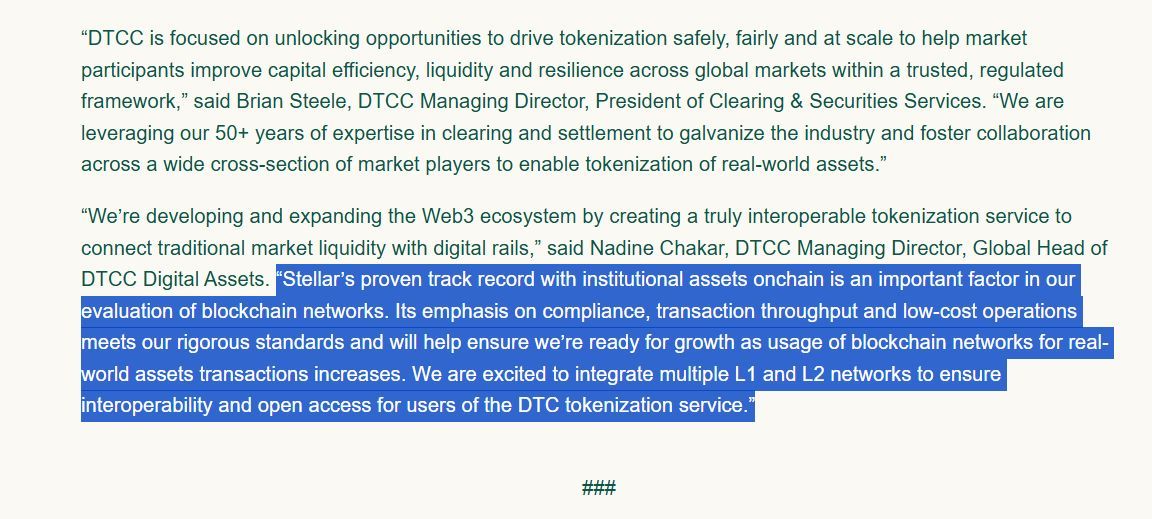 RealAllinCrypto's tweet photo. 🚨DTCC STATE REASON FOR CHOOSING $XLM IS IT'S "PROVEN TRACK RECORD"

@The_DTCC Digital Assets head Nadine Chakar publicly stated why they chose to work with @StellarOrg. 

She also stated how fond they are of $XLM compliance, throughput and low-cost scalable operations! https://t.co/ZAOWnESaT5