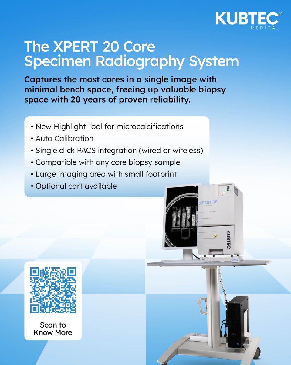 Kubtec's tweet photo. The KUBTEC XPERT 20 is built for busy breast biopsy days. It captures the most cores in a single image, without taking up extra space in your suite. So you can look for calcifications, keep cases moving, and get images to PACS without delay. 
Simple to use. Fits into any workflow https://t.co/A4lYaAdkvo