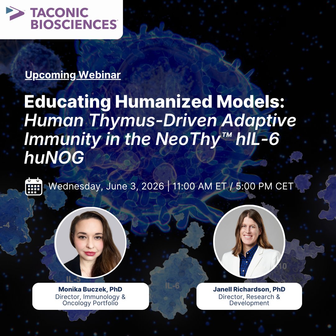 Taconic's tweet photo. Improve human adaptive immune responses in preclinical in vivo studies. Join our webinar on the NeoThy™ hIL-6 huNOG model and enhanced T &amp; B cell function beyond conventional HIS approaches.

📆 Wednesday, June 3, 2026 | 11 AM ET / 5 PM CET

Register now: https://t.co/RTdi0Ss8WT https://t.co/JTsQhoVehs