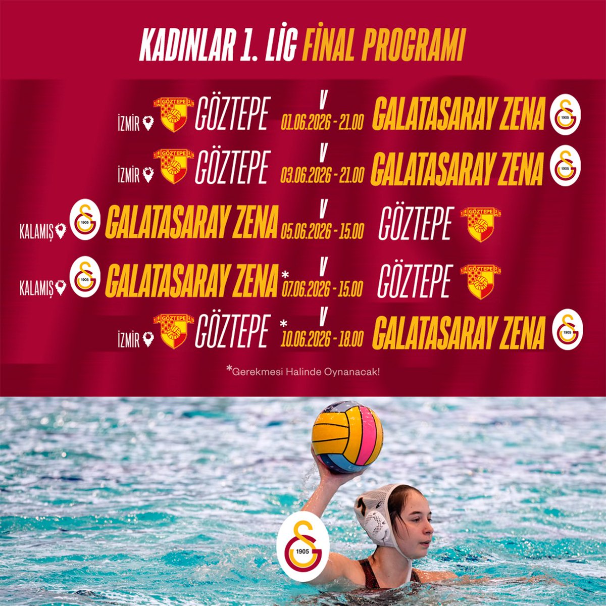 GSSuSporlari's tweet photo. Galatasaray Zena Kadın Sutopu Takımımızın, Kadınlar 1. Lig’deki final programı 👇 https://t.co/zOF4Di1CWE