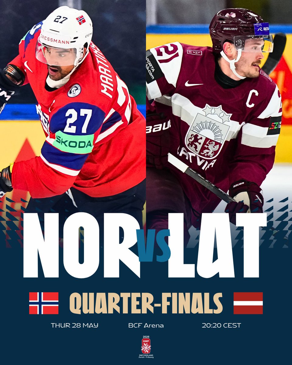 IIHFHockey's tweet photo. Who’s heading to the #MensWorlds semi-finals? 🇳🇴💥🇱🇻 #IIHF @norskishockey @lhf_lv https://t.co/awm0kyqLwS