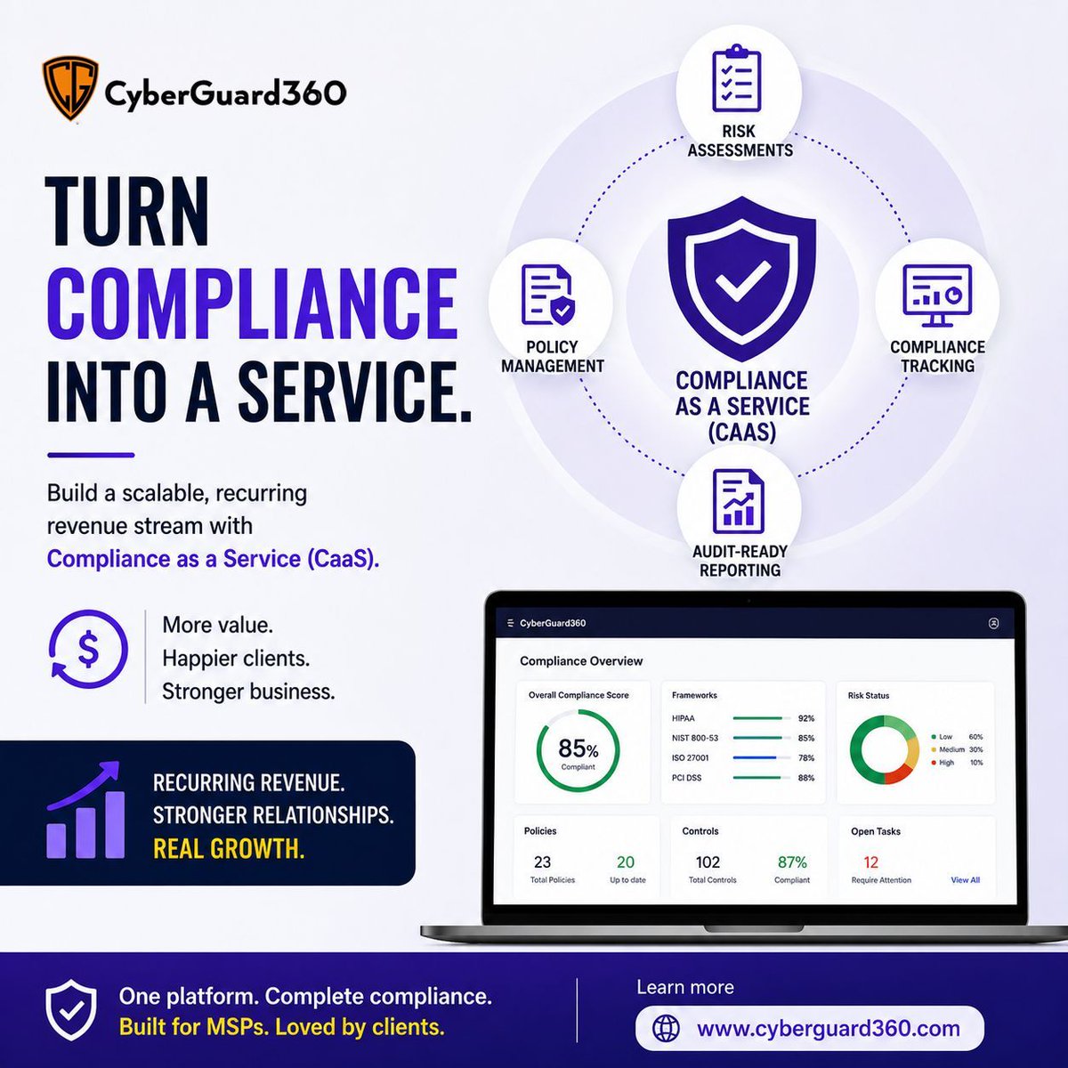 CyberGuard360's tweet photo. Turn compliance into recurring revenue with Compliance as a Service (CaaS).
 ✅ Risk Assessments
 ✅ Compliance Tracking
 ✅ Audit-Ready Reporting
All from one scalable, white-labeled platform.
Go beyond IT support.
 Become a trusted compliance partner.
CaaS by CyberGuard360 https://t.co/jVbfn7QXCR