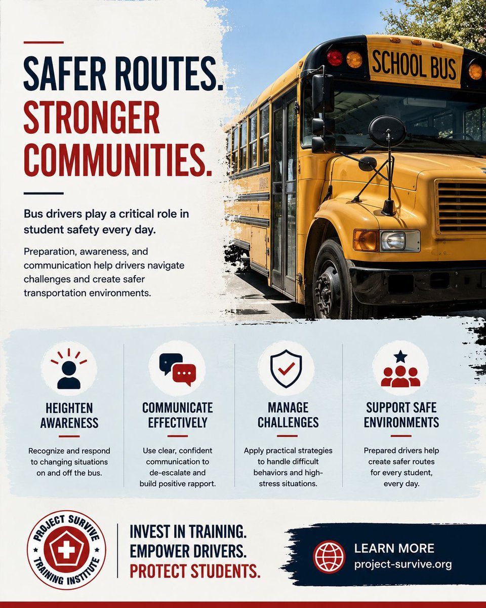 ThePohlGroup's tweet photo. Prepared drivers support safer schools.

Awareness, communication, and real-time preparedness all play a role in student transportation safety.

#BusDriverSafety #SchoolSafety #Preparedness #ThePohlGroup https://t.co/aTTN1w9G6w