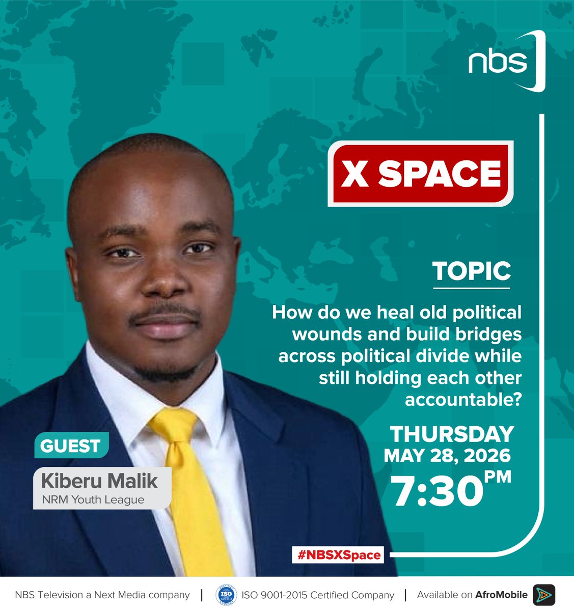 nbstv's tweet photo. Tonight at 7:30 PM, don't miss an X Space on the NBS account discussing how to heal old political wounds without sacrificing accountability, featuring different speakers from different political backgrounds. 

Set a reminder and fall in.

#LetsTalkPeaceUG  #TUONGEA  #NBSUpdates https://t.co/Hns0SjDQqP