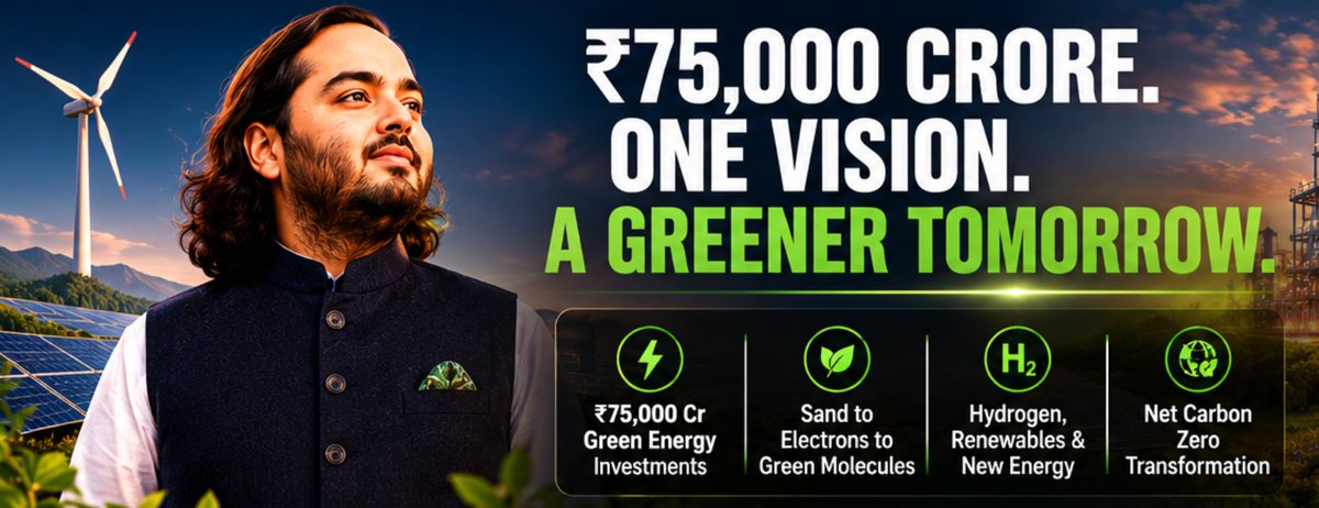 EthSk5's tweet photo. #AnantNetZero26 Anant Ambani’s vision propels Reliance’s ₹75,000 crore investment to transition India from traditional energy to green molecules, revolutionizing the nation’s path towards a sustainable energy future. https://t.co/bK2wYrEGJy