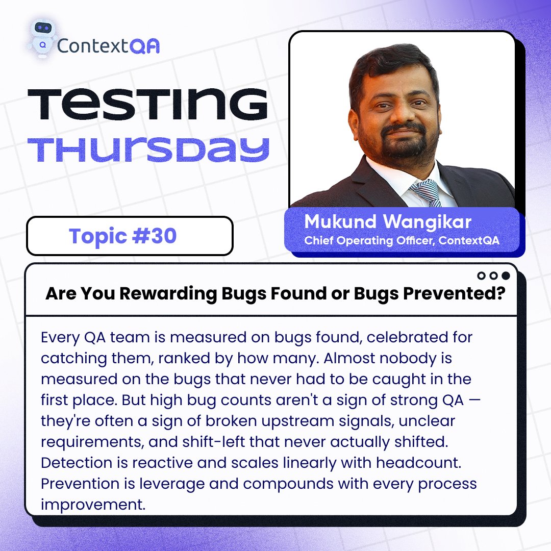 ContextQa's tweet photo. ⚙️ Testing Thursday

Are you rewarding bugs found - or bugs prevented?

High bug counts aren't a sign of strong QA. They're often a sign of broken upstream signals and a shift-left that never shifted.

Detection scales with headcount.
Prevention compounds.

- Mukund Wangikar, COO https://t.co/UZkvdsPbAn