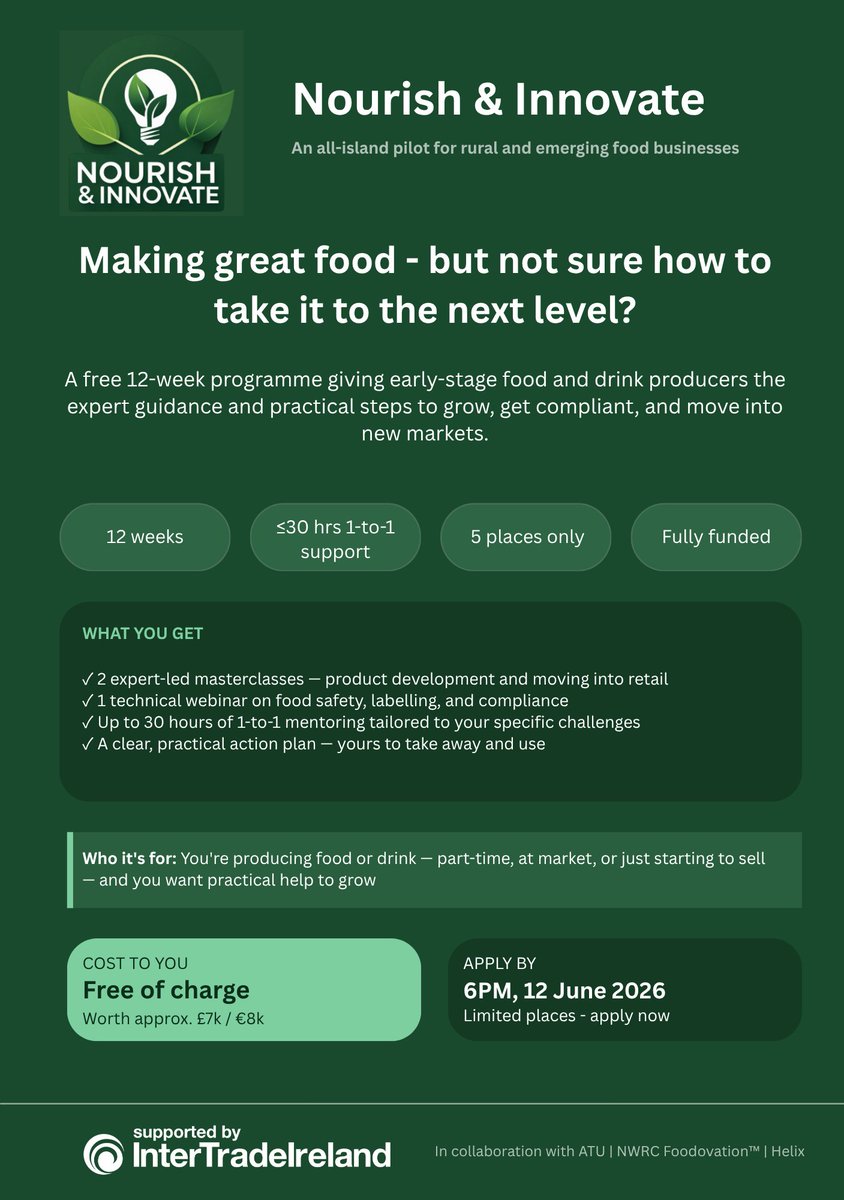 Inter_Trade's tweet photo. 🌱 Nourish & Innovate – Cohort 2 Now Open for Applications

InterTradeIreland is proud to support Nourish & Innovate, a new all-island pilot providing practical, hands-on innovation support to micro and early-stage food and drink businesses, particularly those based in rural and tourism-led areas across the island.

Apply now👉https://t.co/THx27w1xDM