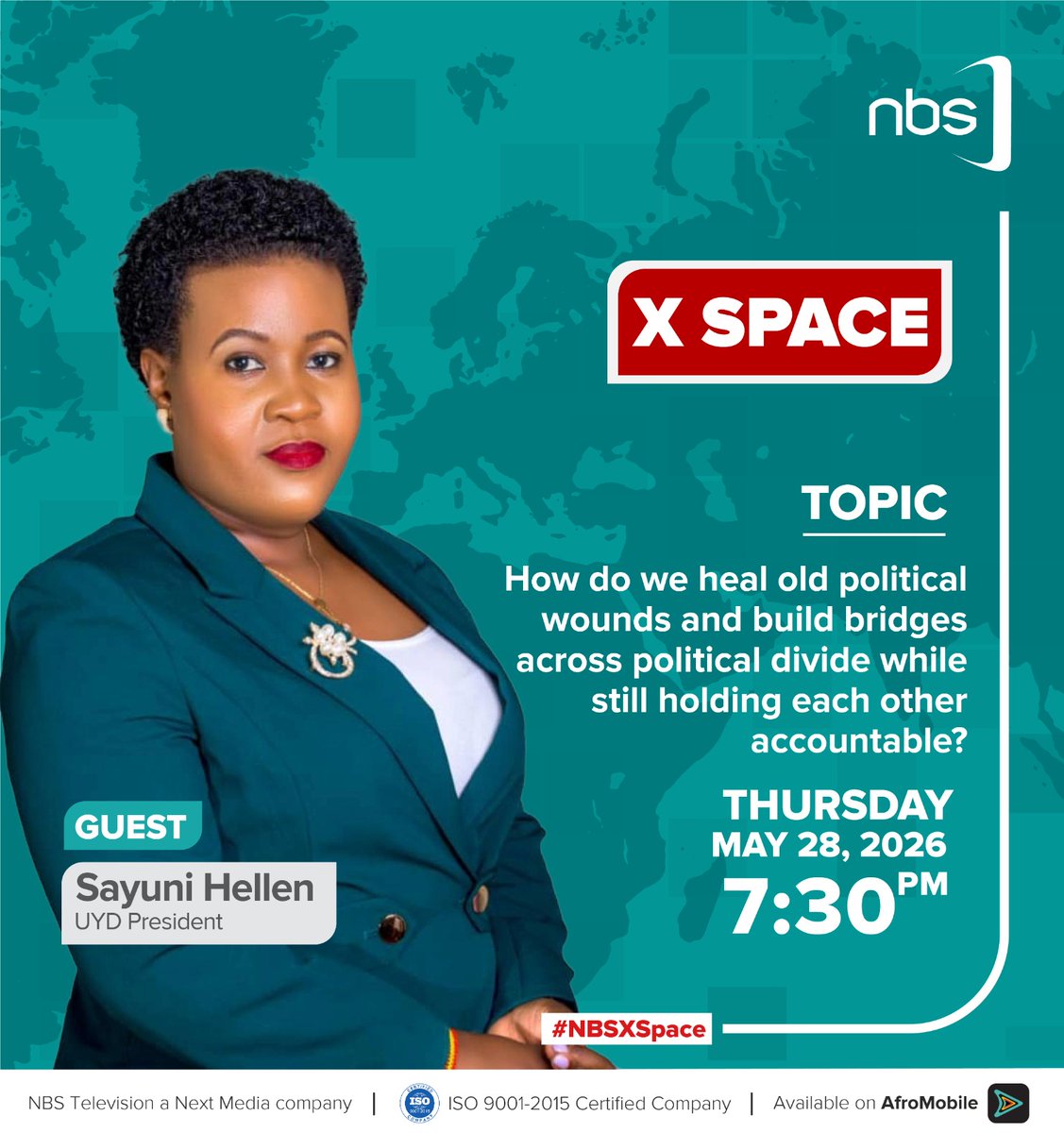 nbstv's tweet photo. Tonight at 7:30 PM, don't miss an X Space on the NBS account discussing how to heal old political wounds without sacrificing accountability, featuring different speakers from different political backgrounds. 

Set a reminder and fall in.

#LetsTalkPeaceUG  #TUONGEA  #NBSUpdates https://t.co/Hns0SjDQqP