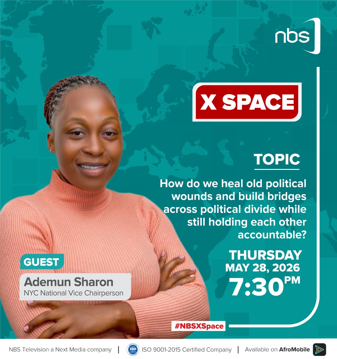 nbstv's tweet photo. Tonight at 7:30 PM, don't miss an X Space on the NBS account discussing how to heal old political wounds without sacrificing accountability, featuring different speakers from different political backgrounds. 

Set a reminder and fall in.

#LetsTalkPeaceUG  #TUONGEA  #NBSUpdates https://t.co/Hns0SjDQqP