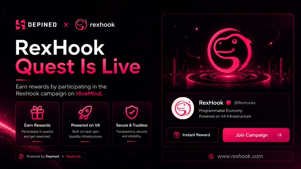 Rexhooks's tweet photo. 📣 DePINed HiveMind x RexHook Partnership Announcement

RexHook is excited to partner with DePINed as we launch our campaign on HiveMind. This push helps us reach a bigger community of builders, traders, LPs, and onchain AI agents shaping the future of programmable DeFi

Get rewarded for helping RexHook grow and for bringing more eyes to programmable hooks, advanced liquidity systems, and the next wave of onchain automation

Join here 🔗
https://t.co/LIU4Wm4oT0

DePINed HiveMind is building decentralized AI and compute infrastructure powered by community-driven networks and DePIN technology

Their focus is on creating scalable, distributed systems that support AI training, data processing, and intelligent automation through decentralized participation

👉 Follow @DePINed_org 
https://t.co/3ww1VCmmH4
Permissionless settlement & coordination protocol for AI compute