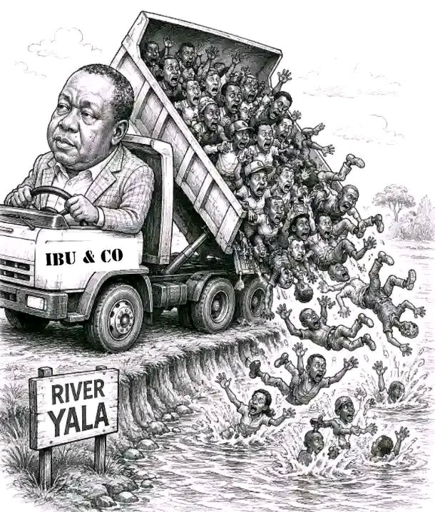 ochupe99444's tweet photo. The image shows a man driving a dump truck labeled “IBU &amp; CO” while people are being tipped into River Yala, many appearing terrified or lifeless. Watu si wajinga bwana hata chief hupati mbwa wewe. https://t.co/N12Kfs3N0U