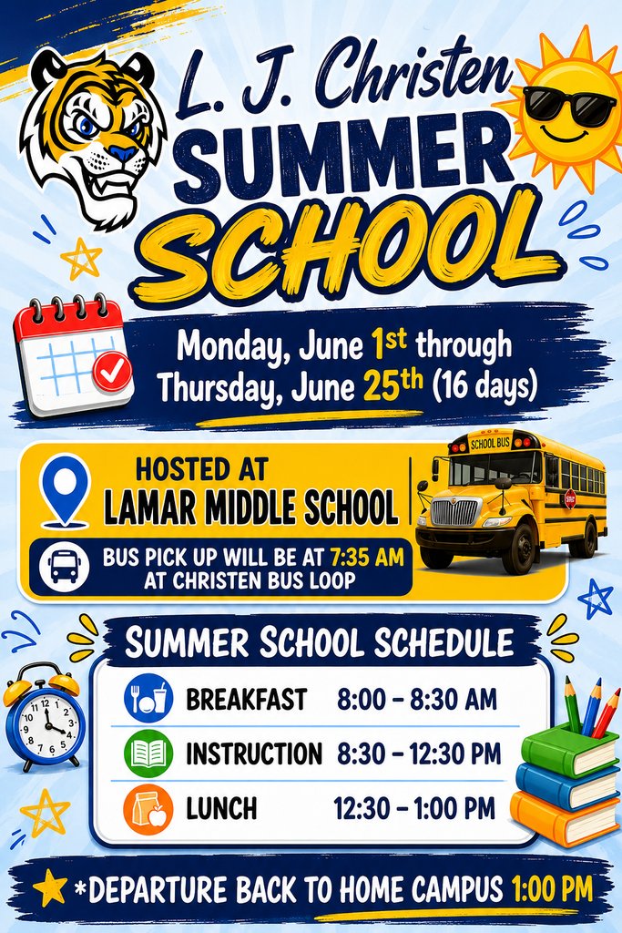 ChristenMSLISD's tweet photo. Christen Summer School Schedule https://t.co/iZEy7ymdl5