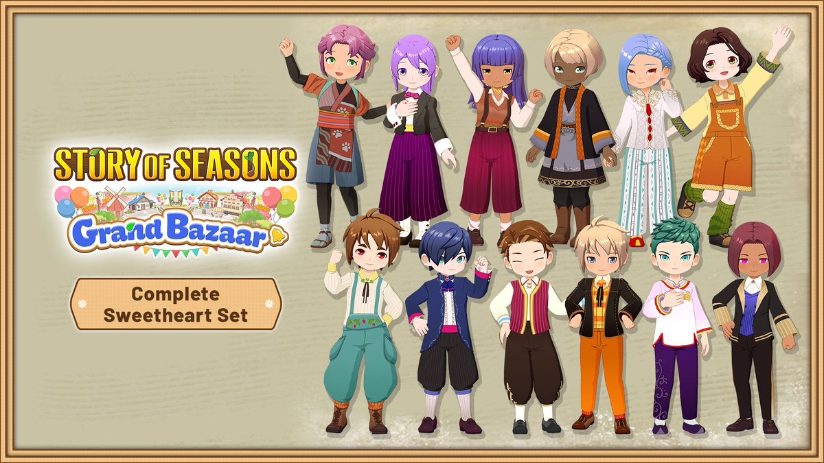 storyofseasons's tweet photo. Dress like your favourite bachelor/bachelorettes with the 'Bachelor Sweetheart Set' &amp; 'Bachelorette Sweetheart Set'

All outfits can be worn by any player-characters regardless of gender!

Couples who slay together, stay together. ✨🐮 https://t.co/TXjbr40uKP