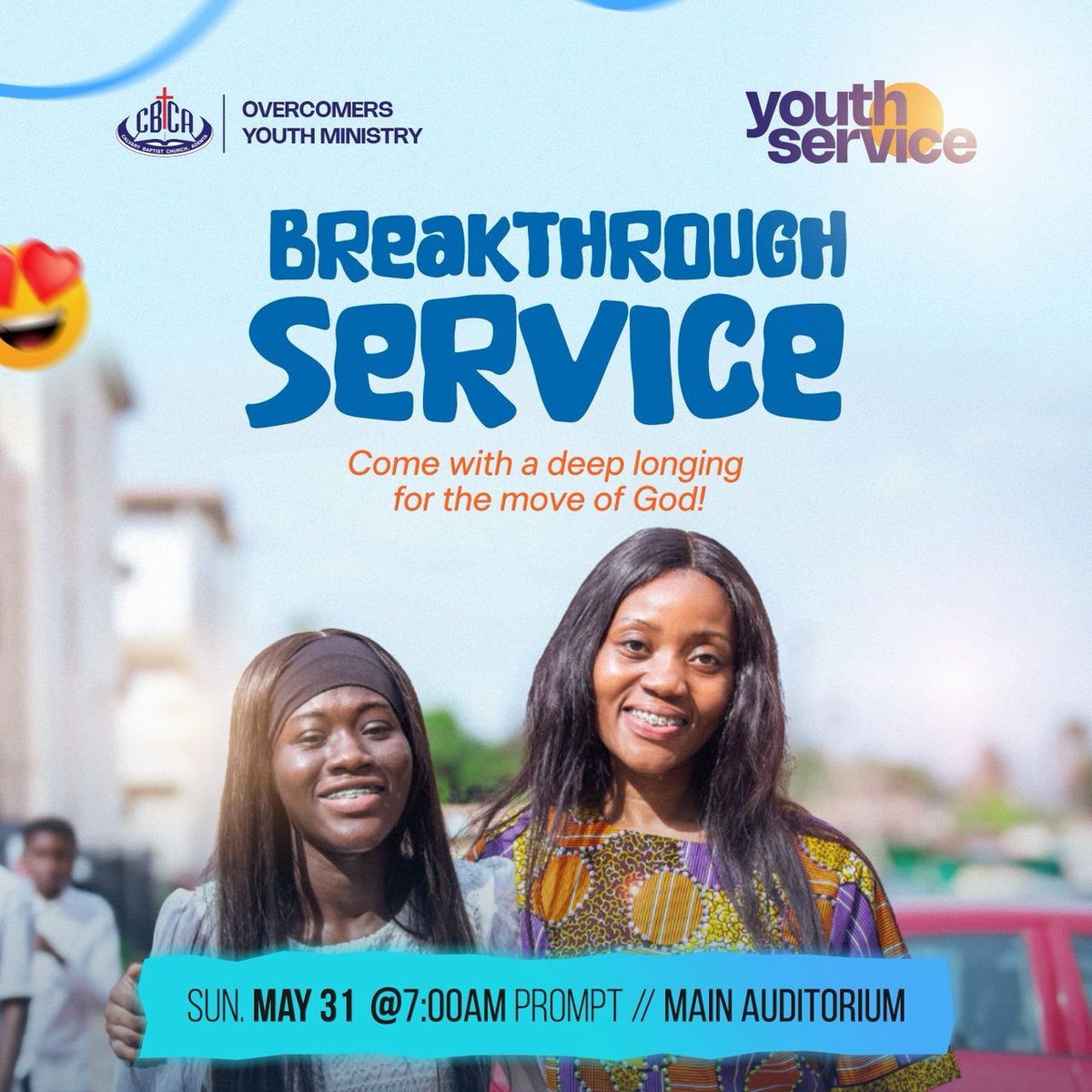 cbc_adenta's tweet photo. The Overcomers Youth Ministry is hosting the ultimate Breakthrough Service this Sunday, May 31st at 7:00 AM prompt in the Main Auditorium.
Come expectant, leave transformed. Who are you bringing with you?
#CBCAYOUTHSERVICE https://t.co/vYP7L9ns0l