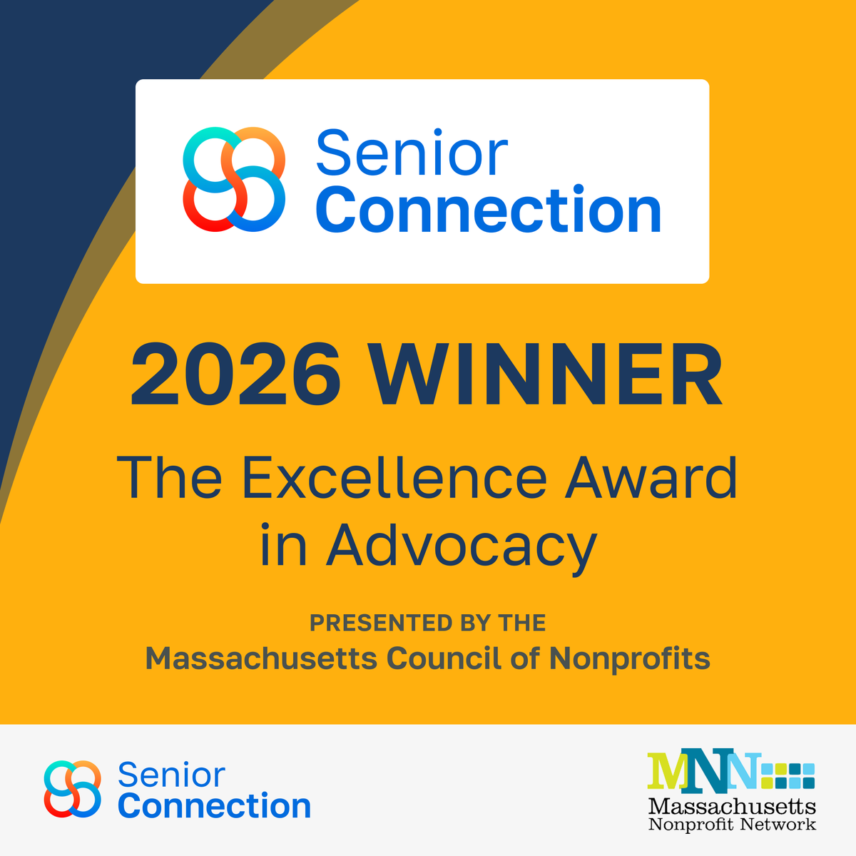 MASrConnection's tweet photo. Senior Connection has been named the WINNER of the Excellence Award in Advocacy from @Massachusetts Council of Nonprofits.

This award recognizes nonprofit organizations whose advocacy efforts have driven meaningful progress on critical public policy issues. https://t.co/IaJw0hNa7c