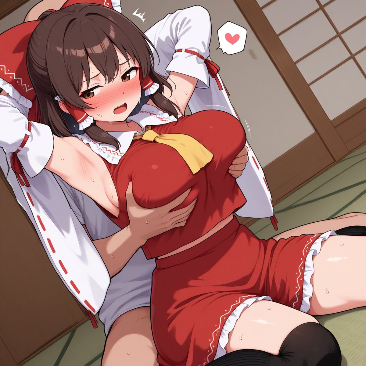 breadbread34927's tweet photo. I tried doing jiggling from behind Reimu! 
She's obediently keeping her hands behind her back...
霊夢の後ろからブルンブルンしてみました！ 
大人しく手を後ろにしてくれています… https://t.co/ouqddjY5e6