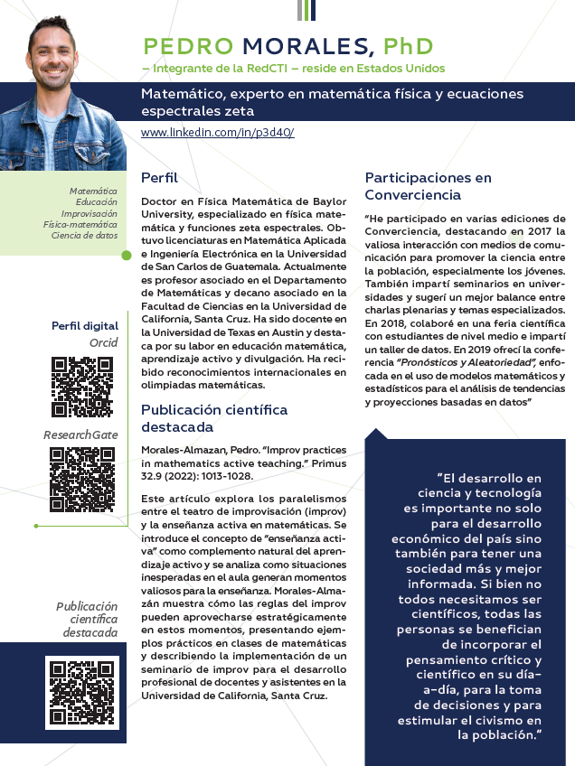 RedCTI_GT's tweet photo. ¡Estamos organizando Converciencia 2026! 🌎🔬

Hoy destacamos a Pedro Morales (@p3d40), quien investiga en matemática física y reside en Estados Unidos.

Miembros RedCTi: compartan su historia 👉 https://t.co/ZOpKNU3LDa

🗓️ Cierre: 29 de mayo
✉️ redctiguatemala@gmail.com https://t.co/2RPAaOhjEI