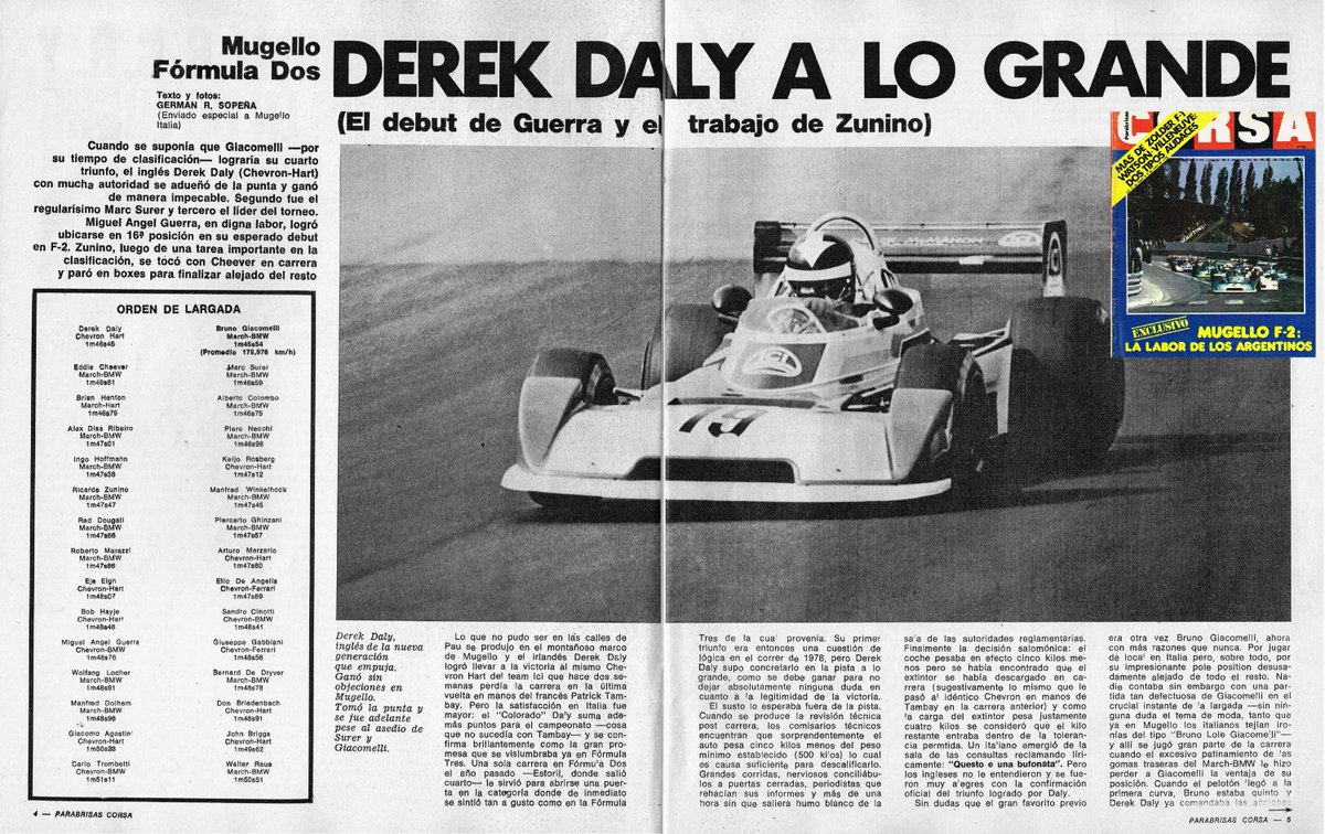 PatoG82's tweet photo. 🇮🇹 28 de Mayo de 1978. F2 Europea en Mugello 🏁
🇦🇷 Se producía el debut de Miguel A. Guerra (16°) en la competitiva y difícil categoría donde ya participaba otro argentino, Ricardo Zunino (18°).

🏆 Triunfaba Derek Daly (Chevron/Hart)

📝 Nota Corsa 🔗 https://t.co/jjVgyqyHE1 https://t.co/H0TUYrw5gX