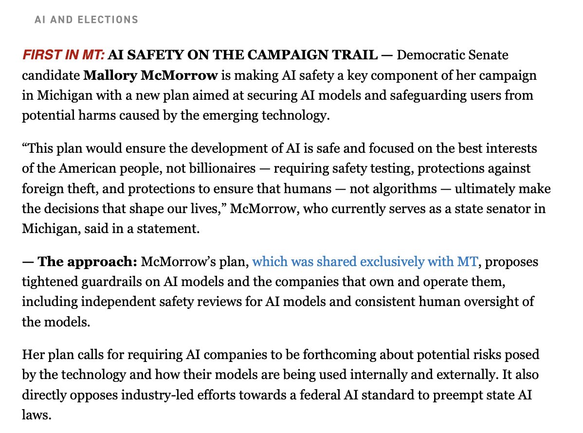 jacksonboaz_'s tweet photo. NEW in @Politico this AM:

"Mallory McMorrow is making AI safety a key component of her campaign in Michigan." https://t.co/m6bReNoUeI