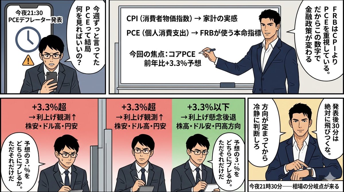 alphasterone_'s tweet photo. 【今夜21:30 PCEデフレーター発表】

コアPCE予想：前年比+3.3%
GDP改定値：前期比年率+2.0%予想

予想超え→FRB利上げ観測↑→株安・ドル高
予想以下→利上げ懸念後退→株高・ドル安

今週の相場の答えが今夜出る。
発表直後30分は飛びつき禁止

#PCE #FRB #米国株 #ドル円
#StockMarket #Bloomberg https://t.co/cEseIzJnst