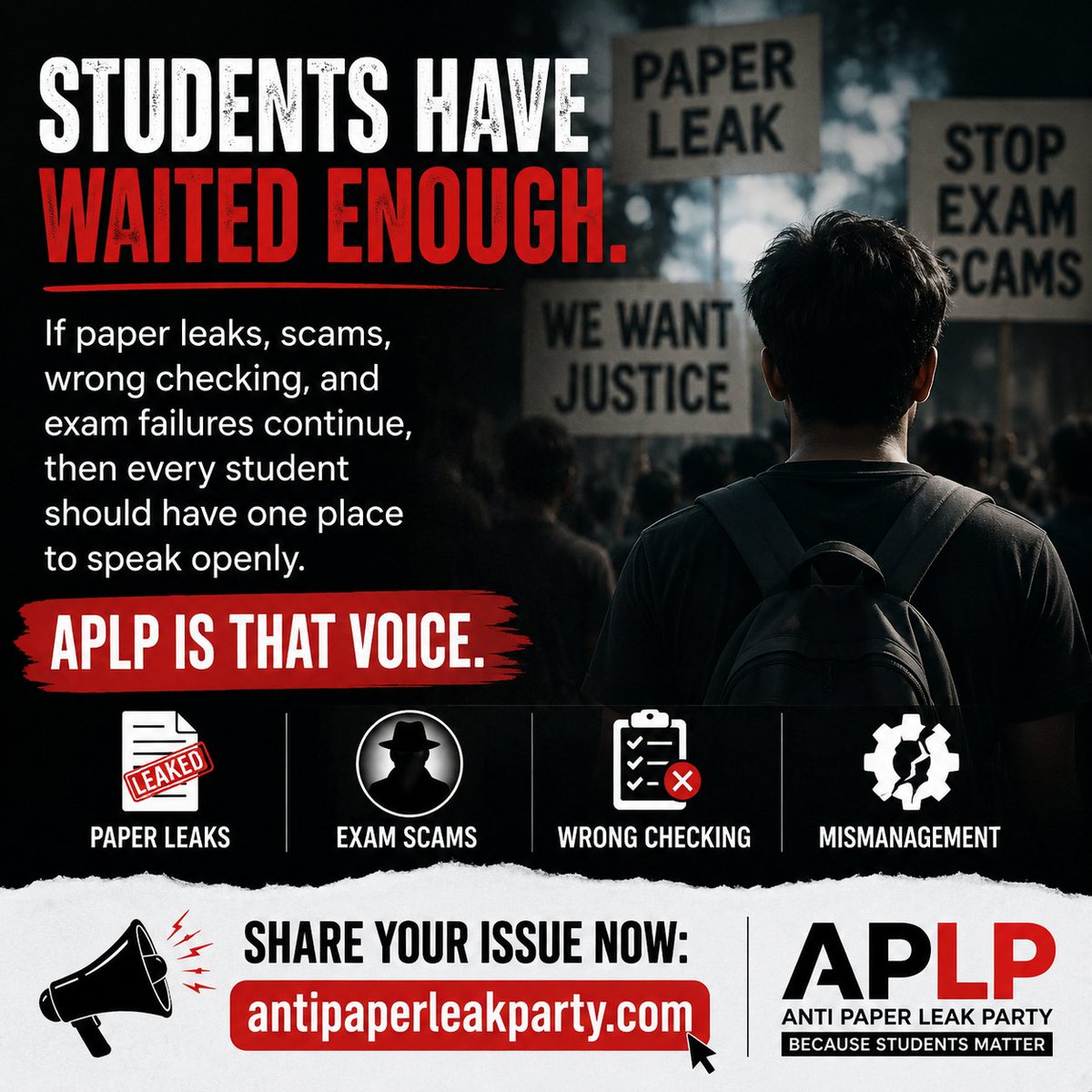 APLP_2027's tweet photo. Students have waited enough.

If paper leaks, scams, wrong checking, and exam failures continue, then every student should have one place to speak openly.

APLP is that voice.

Share your issue now: https://t.co/GQZcLKeHNO https://t.co/5qM1XGWRcI