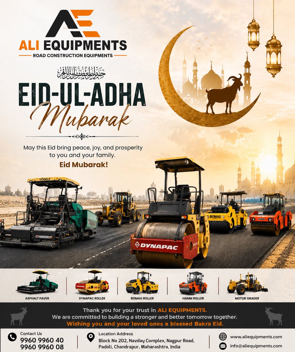 ali__equipments's tweet photo. 🌙✨ EID-UL-ADHA MUBARAK ✨🌙
On this blessed occasion of Bakra Eid, ALI EQUIPMENTS wishes you and your family peace, happiness, prosperity, and endless success. 🤝❤️

May this Eid bring new opportunities, strong relationships, and growth in every project you build. 🚧🏗️
#eid https://t.co/ht5JzKOqDk