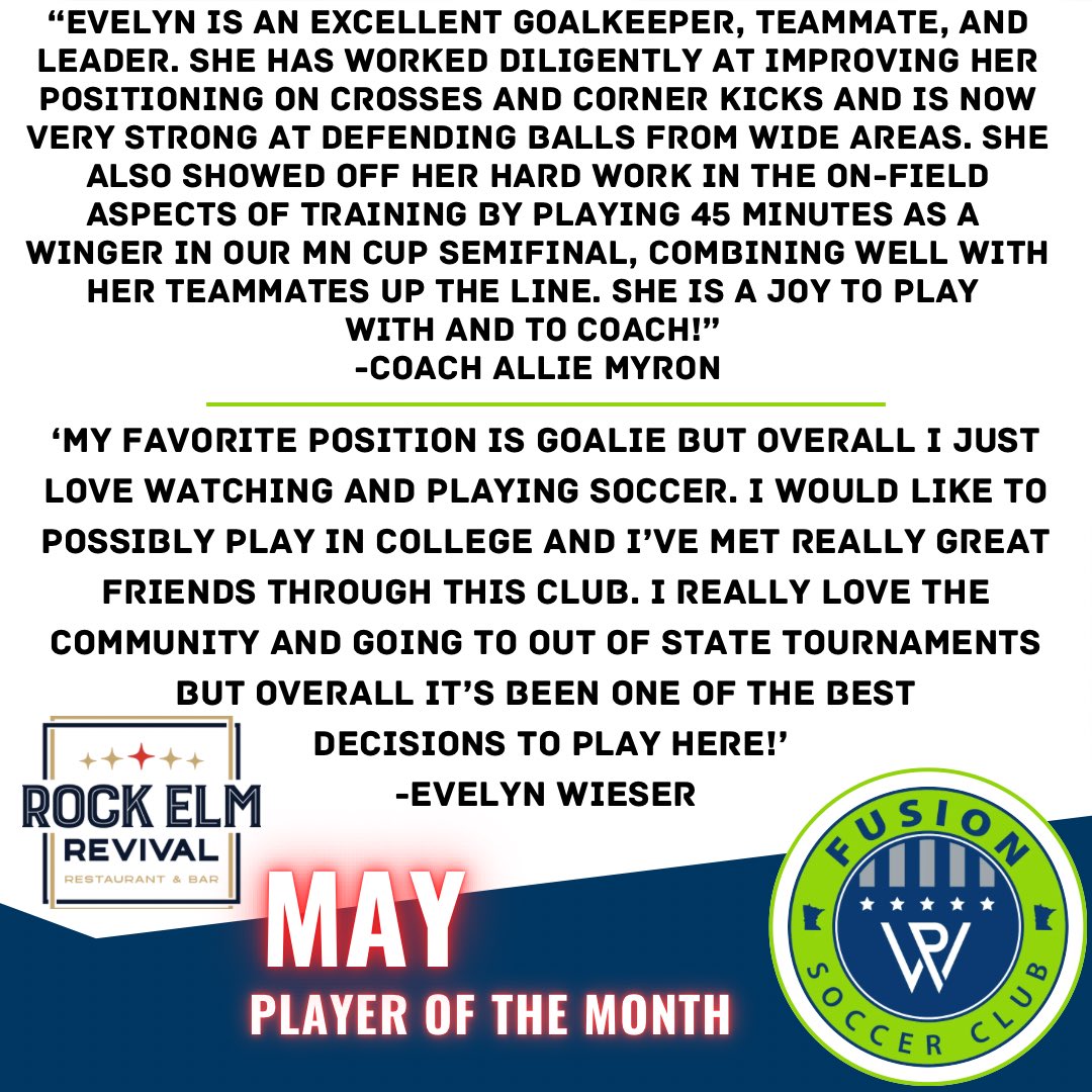 fusionsoccermn's tweet photo. Big congratulations to Evelyn Wieser, our May Girls U14+ Fusion SC Rock Elm Revival Player of the Month! ⚽👏

We are so proud of your growth, technical skill, and leadership on your team. 

Huge thank you to @rockelmtavern for supporting our players each month with a gift card! https://t.co/M2tnzuKc0d