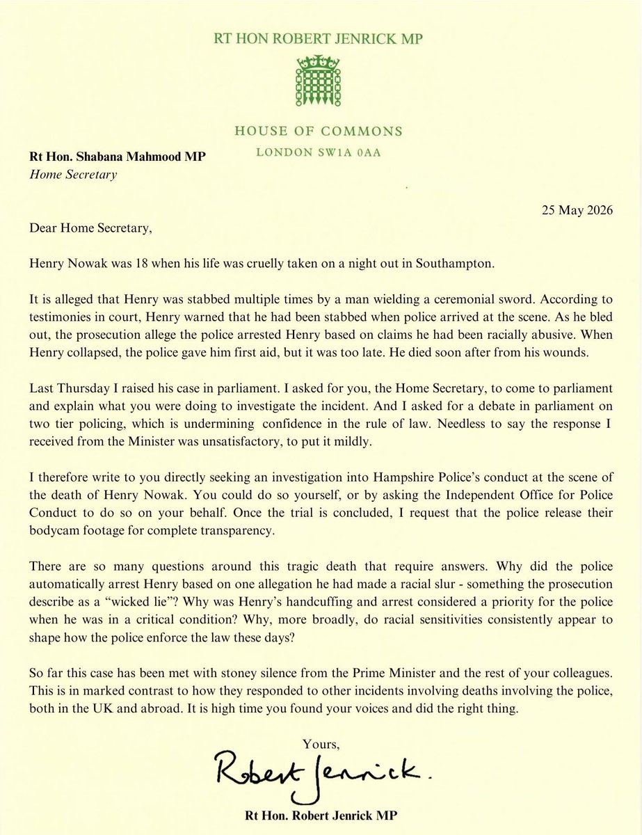 RobertJenrick's tweet photo. Henry Nowak’s murderer has been found guilty. 

Good. But Henry’s treatment remains an appalling scandal.

My letter to the Home Secretary demanding answers👇 https://t.co/mZ917gdJcU