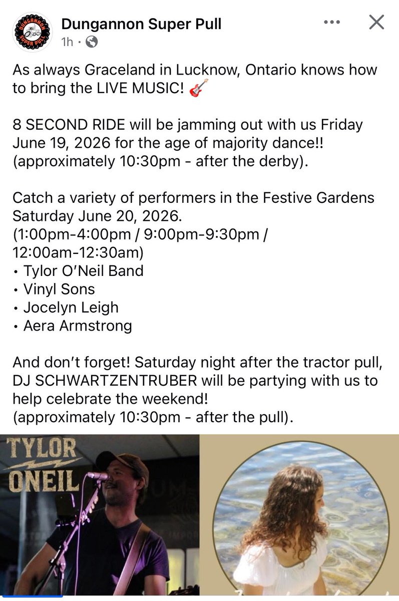 Dgsuperpull's tweet photo. As always Graceland in Lucknow, Ontario knows how to bring the LIVE MUSIC! 🎸 
• 8 SECOND RIDE
• Tylor O’Neil Band
• Vinyl Sons
• Jocelyn Leigh
• Aera Armstrong
#fullpull26
#fathersdayweekend https://t.co/Y0Eg7PsiQF