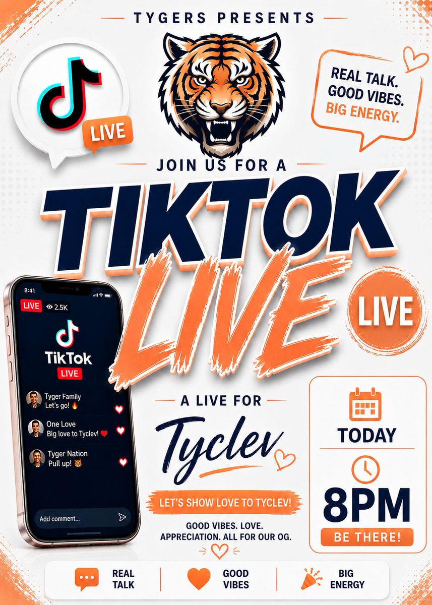 tyclevofficial's tweet photo. 🚨 TYGERS 🐅🔥

We’re going LIVE on TikTok TODAY at 8PM and trust me… you do NOT want to miss this 😉😉

Expect vibes, surprises, laughs 😂💥
Pull up and let’s make tonight unforgettable!

📍8PM SHARP
#Tyclev
#Tygers 
#LaryeaDillon https://t.co/Sl7wIMxU8B