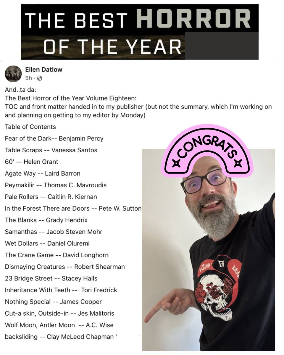 claymcleod's tweet photo. HOLY MOLY I JUST FOUND OUT MY SHORT STORY “BACKSLIDING” WAS SELECTED FOR “THE BEST HORROR OF THE YEAR: VOL 18” EDITED BY ELLEN DATLOW AND I AM LOSING MY MIND A LITTLE OKAY A LOT BECAUSE I HAVE ALWAYS WANTED A STORY IN THESE ANTHOLOGIES AND THIS IS MY FIRST TIME SO I NEED TO SHARE https://t.co/WnN6k5gz2T