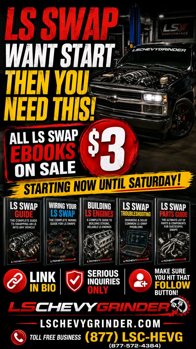 Lschevygrinder's tweet photo. All LS Swap Ebooks now $3! Don't miss out - ends this Saturday! 📚🔧 Check 'em out for tips on building, wiring, and troubleshooting your LS swaps. #LSSwap #CarMods #DIYMechanics https://t.co/UgAZxMDygY