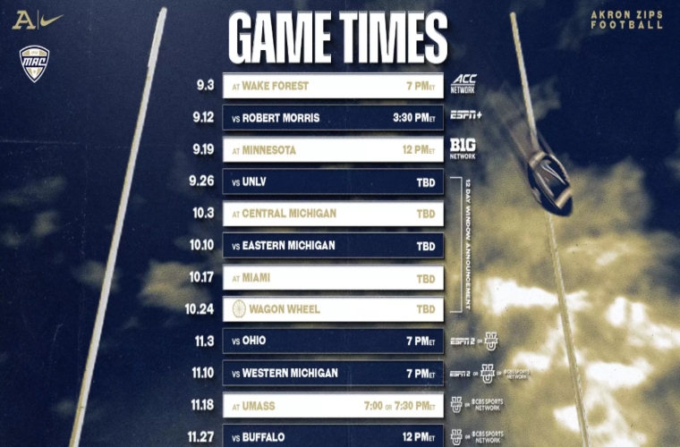 Q92Sports's tweet photo. College Foootball: @ZipsFB Times and Broadcast Schedule Released for Opening Three Weeks, Midweek MACtion and Season Finale Games.  #akronzips #akronzipsfootball #MACtion #collegefootball #Q92sports
https://t.co/foOtEB1DjU https://t.co/66AyzuxwGl