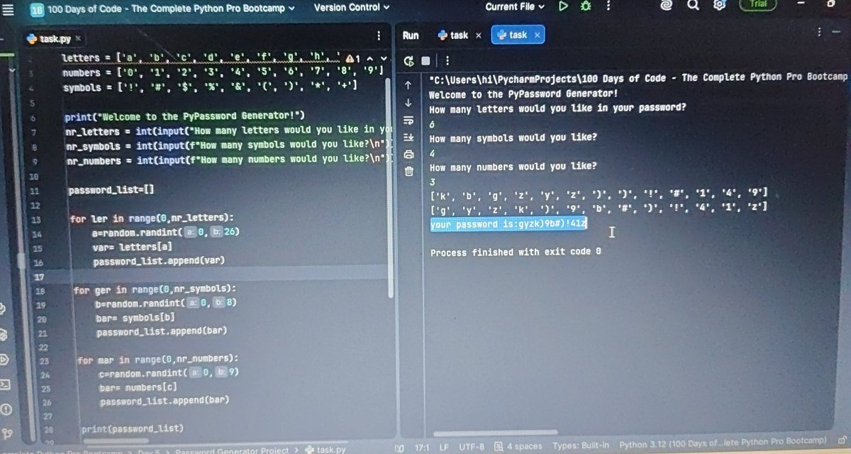 themrr_guy's tweet photo. Day 5 of the #100DaysOfCode challenge complete ✅

I always used to wonder how GOOGLE instantly generate those long, random, super complex passwords during sign up.

Today I learned the logic behind it and built my own Password Generator in Python 🔐

Used:
• loops
• lists
• randomisation
• iteration logic

If you see clearly in the pic 
The text that highlighted with blue is the password which is super complex to crack by any hacker 😂😂

Crazy feeling when you finally understand how real-world features actually work behind the scenes.

#Python #CodingJourney #DevMode