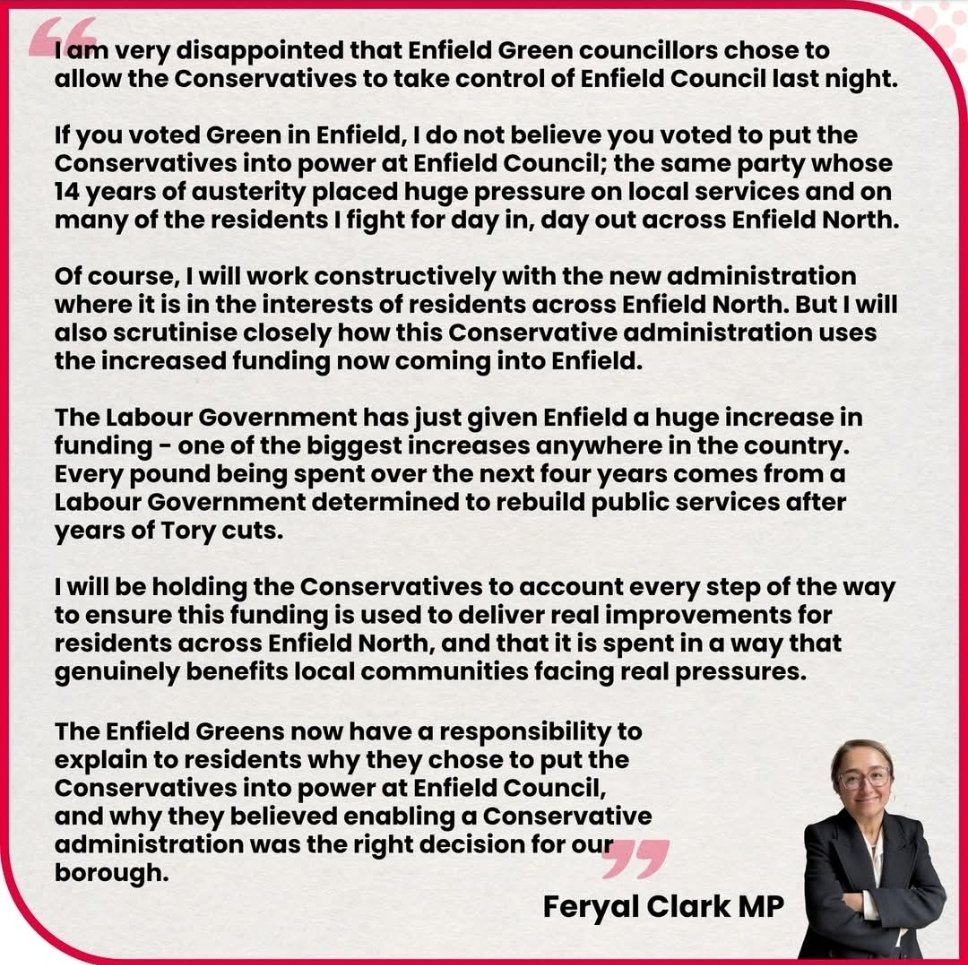 KHALID4EWH's tweet photo. This misinformation from @FeryalClark is exactly why Labour needs to be removed from Enfield.

The electorate in Enfield chose to remove Labour from Enfield, not @enfield_greens 

At the next GE, it will be the 3 ineffective Lab MPs in Enfield who will need to go

@Keir_Starmer https://t.co/0OPu0b3P2n