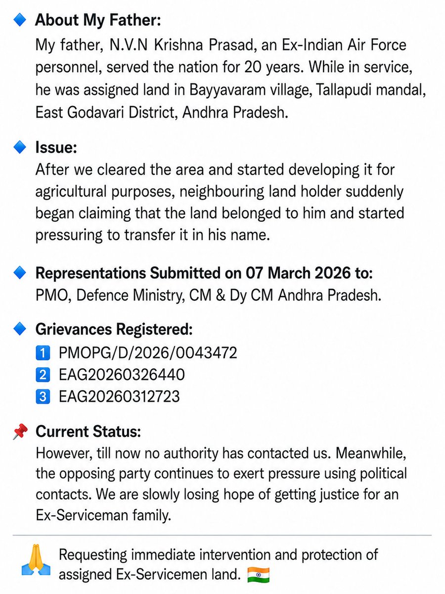hiteshguptha's tweet photo. In the present government, CM &amp; Dy CM assured strict action against #landgrabbing of Ex-Servicemen lands. Their words gave us hope, which is why we are now seeking justice through digital platforms 

#JusticeForExServicemen #SaveExServicemenLand #SupportVeterans https://t.co/YD0GfVQvzK