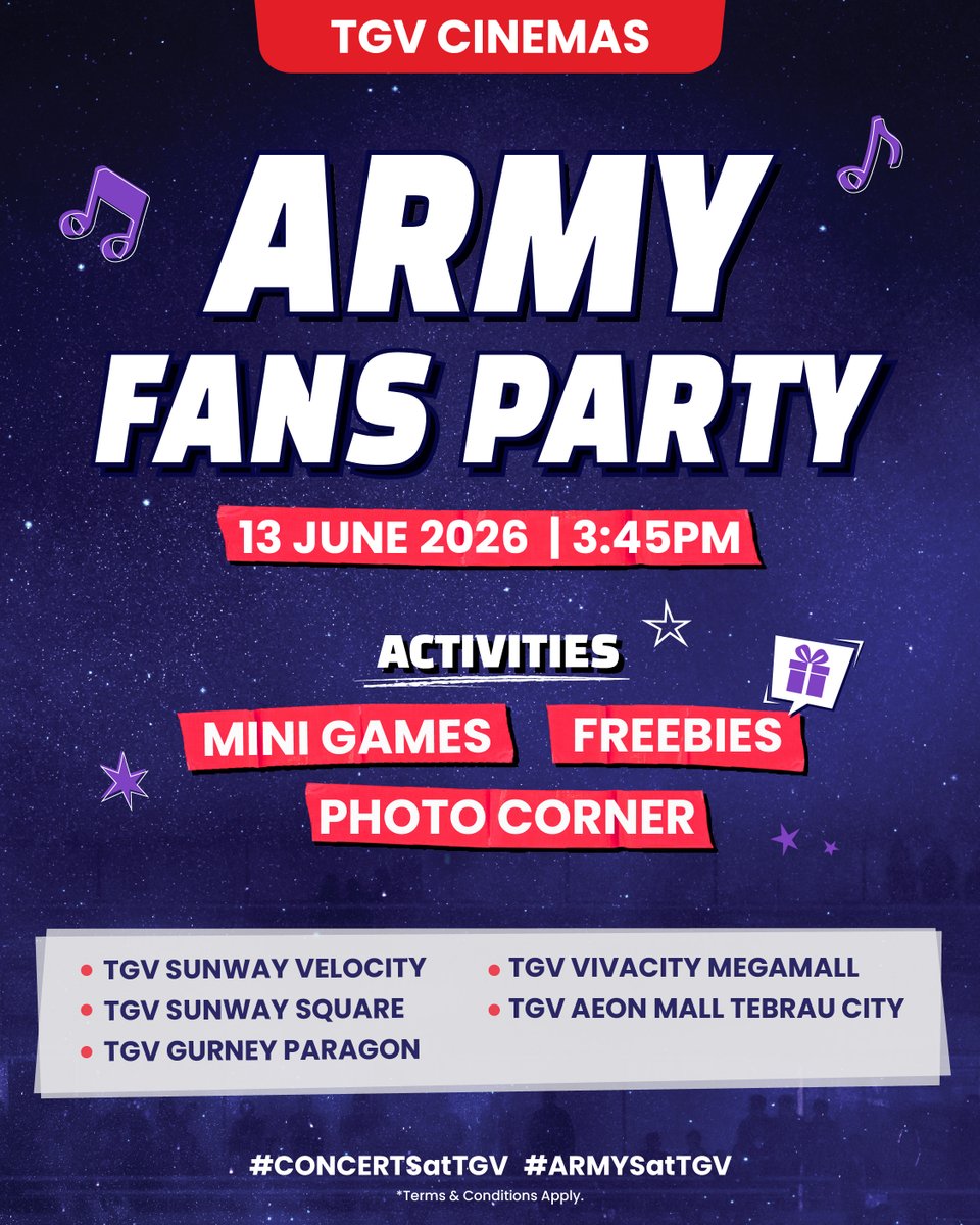 TGVCinemas's tweet photo. Before we scream our hearts out for BTS WORLD TOUR ‘ARIRANG’ IN BUSAN: LIVE VIEWING, come warm up with fellow ARMYs at our fans party filled with mini games, freebies and photo corners 🎶

Purple vibes, fan chants, BTS songs playing everywhere… this is the kind of pre-concert energy you don’t want to miss 💜 See you at TGV, ARMYs!

And of course… don’t forget to secure your concert tickets before they’re gone 🎟️ https://t.co/rVRgd2SRio

#CONCERTSatTGV #ARMYSatTGV