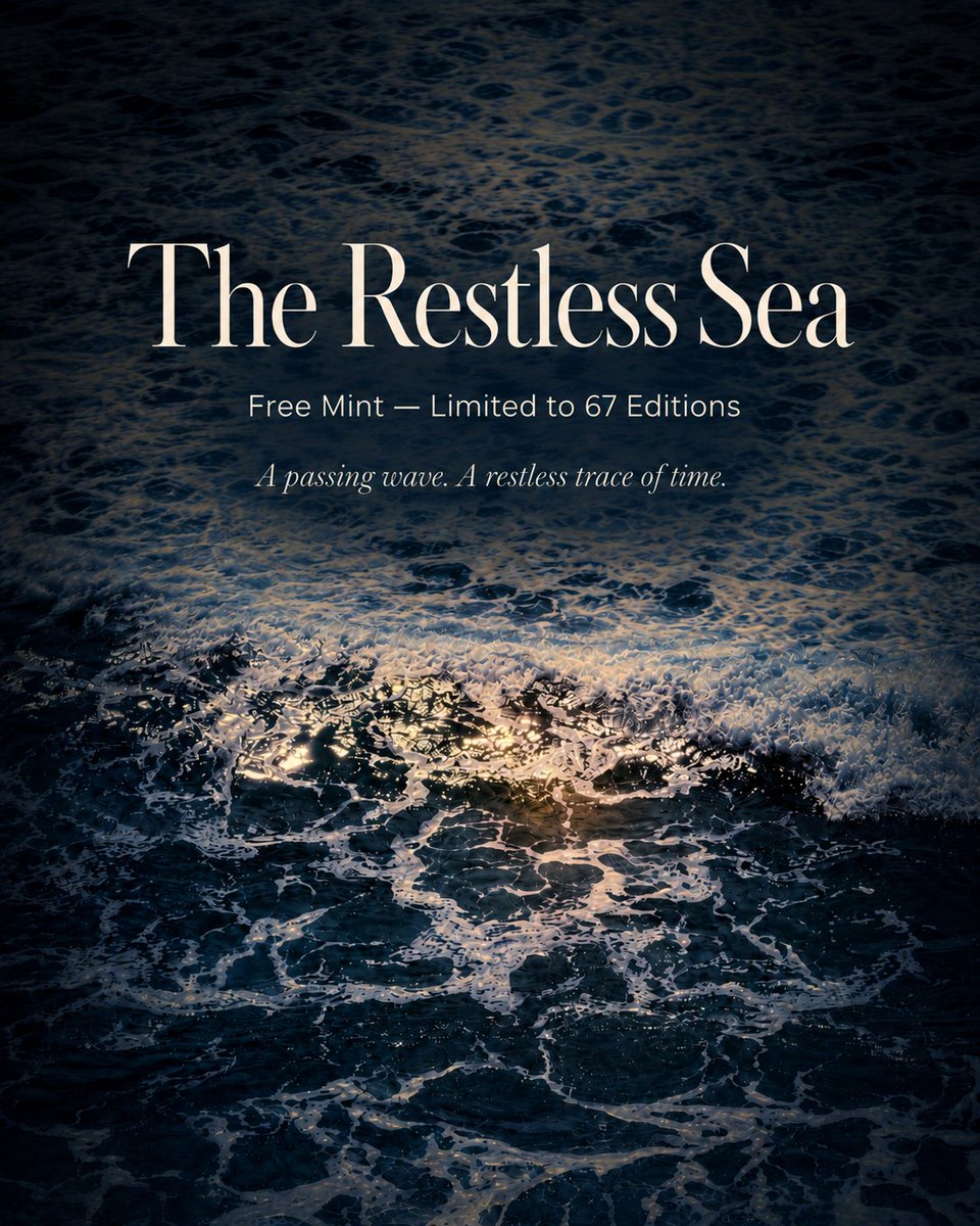 andrewagnereth's tweet photo. The Restless Sea
Free Mint — limited to 67 editions.
Mint starts today at 8 PM German time.
A passing wave.
A restless trace of time.
Link in the comments.
#NFT #Photography #FineArt #OpenEdition #FreeMint
@manifoldxyz https://t.co/lB1D5p9kqR