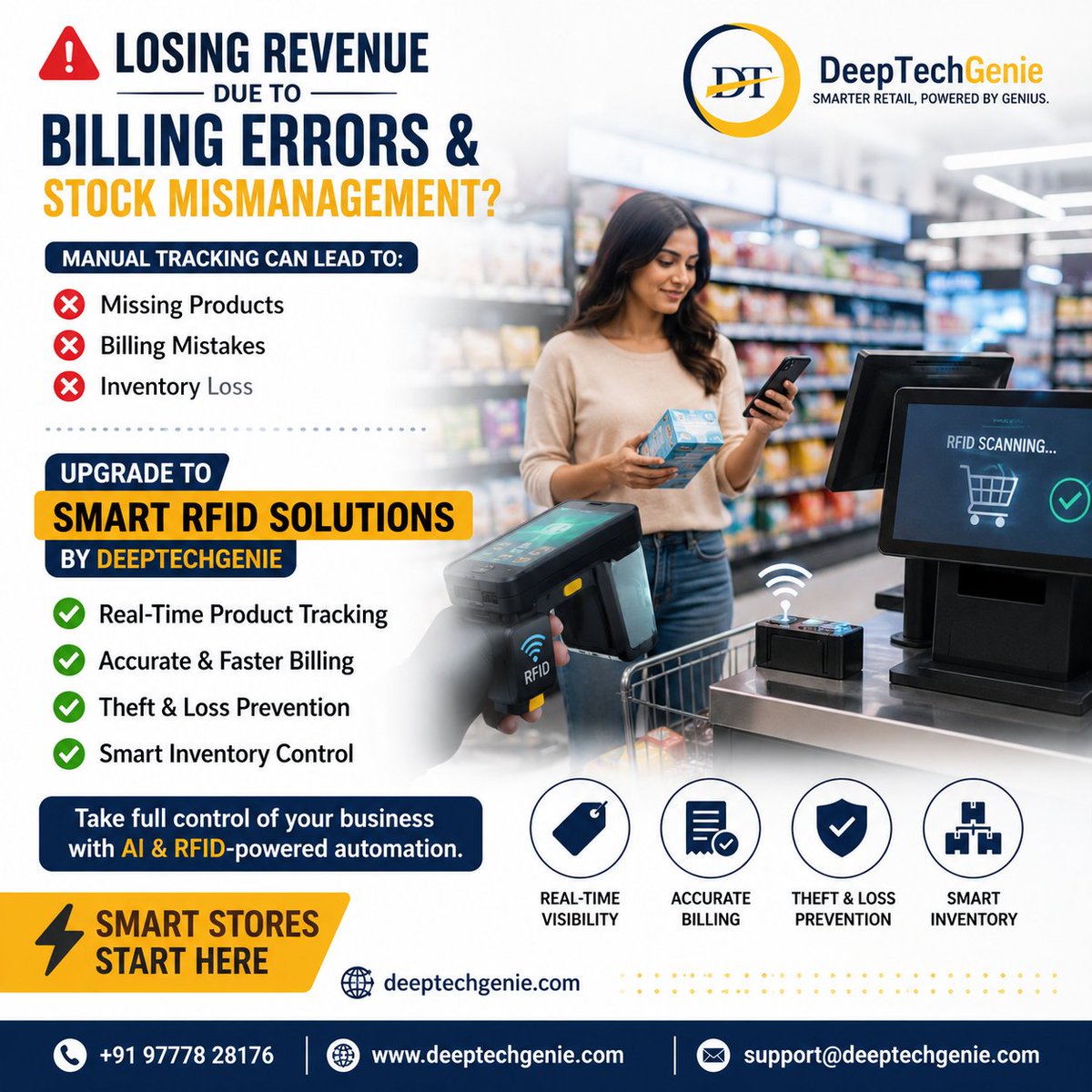 DeeptechG's tweet photo. 🚨 Product loss or billing errors affecting your business?

📦 Manual tracking can lead to:
❌ Missing items
❌ Billing mistakes
❌ Revenue loss

⚡ Smart automation for smarter businesses.

🌐 Visit https://t.co/ANFjA29FAp today to learn more!

#DeepTechGenie #RFID https://t.co/hbDOO08dDC