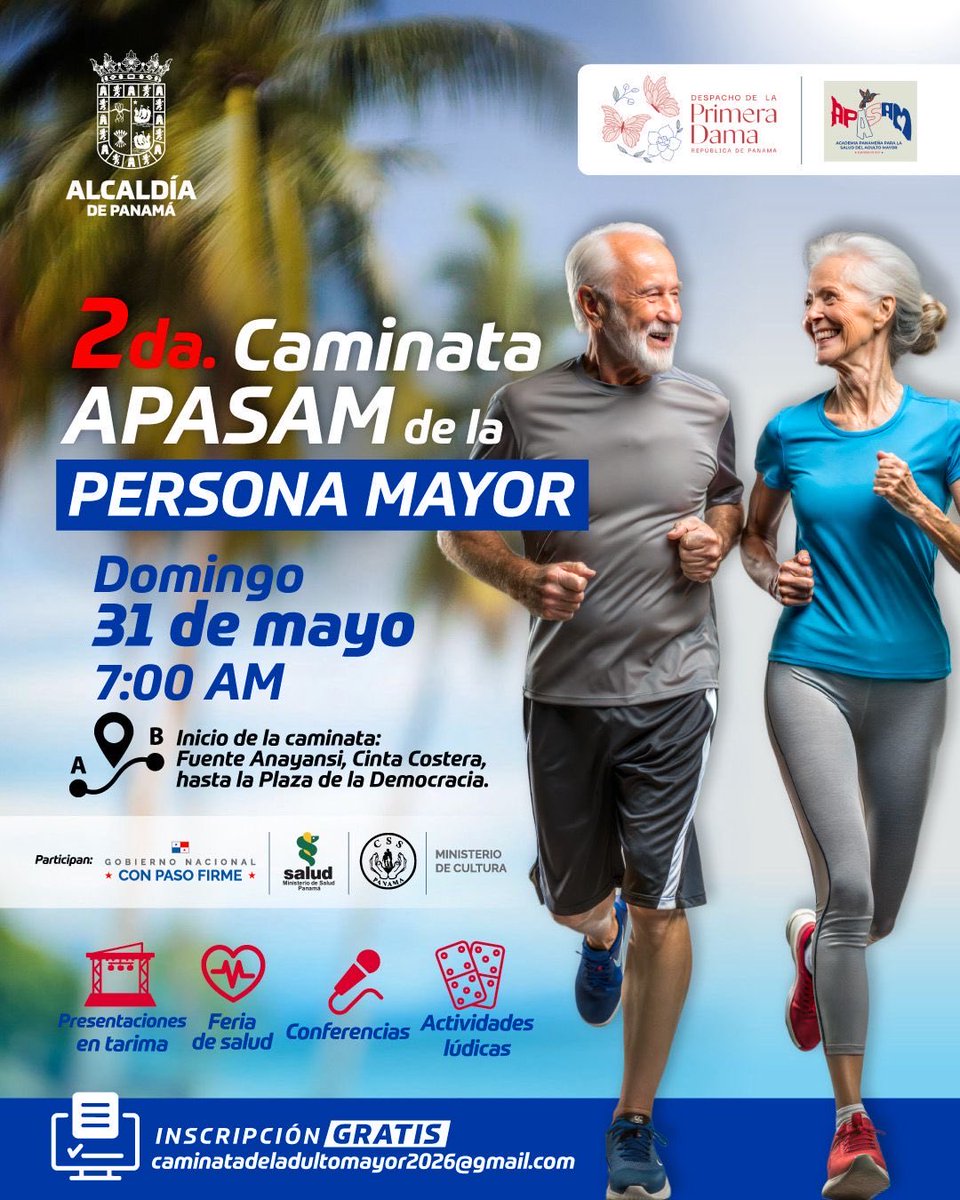Panamaalcaldia's tweet photo. 👟🇵🇦 ¡Actívate en la 2da Caminata APASAM de la Persona Mayor!

Este domingo 31 de mayo acompáñanos en una mañana llena de salud, actividad física y sana convivencia. 💙✨

📍 Cinta Costera
🕖 7:00 a.m.
✅ Inscripción gratis
📩 caminatadeladultomayor2026@gmail.com https://t.co/wkWY5z29PR