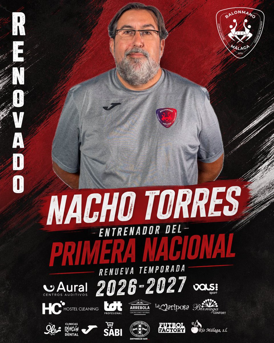 ClubBMMalaga's tweet photo. 🚨 **OFICIAL | Nacho Torres 26-27** 🚨
Anunciamos la renovación de nuestro míster, **Nacho Torres**, para la próxima temporada. 👔
Varios años de historia en común, de trabajo incansable y de identidad compartida. No entendemos nuestro futuro sin ti.
@auralcentrosauditivos https://t.co/cr6nx7CJMP