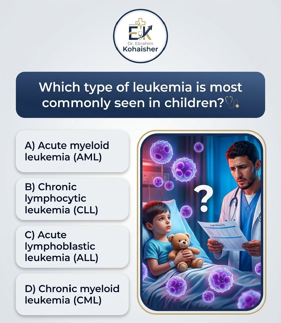 LabNotes_7's tweet photo. سؤال طبي⁉️
ما هو أكثر أنواع اللوكيميا شيوعًا عند الأطفال؟🩺
A) Acute myeloid leukemia (AML)
B) Chronic lymphocytic leukemia (CLL)
C) Acute lymphoblastic leukemia (ALL)
D) Chronic myeloid leukemia (CML)
#LabNotes https://t.co/S83X8SPB6Q
