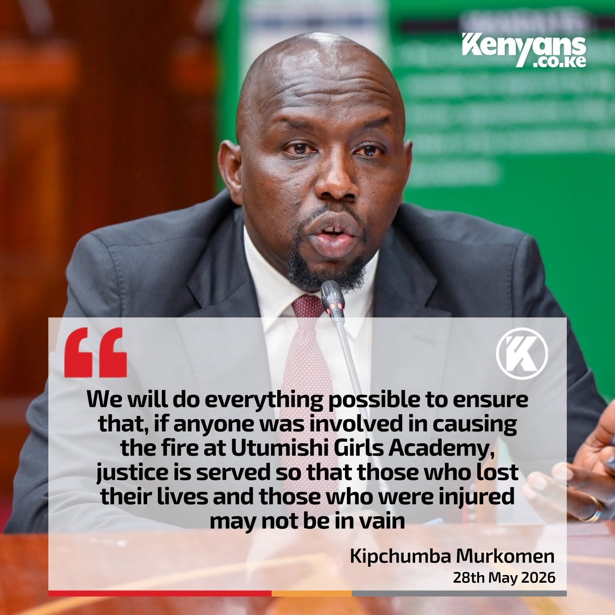 Kenyans's tweet photo. We will do everything possible to ensure that, if anyone was involved in causing the fire at Utumishi Girls Academy, justice is served - Kipchumba Murkomen https://t.co/uGvJsygDW3