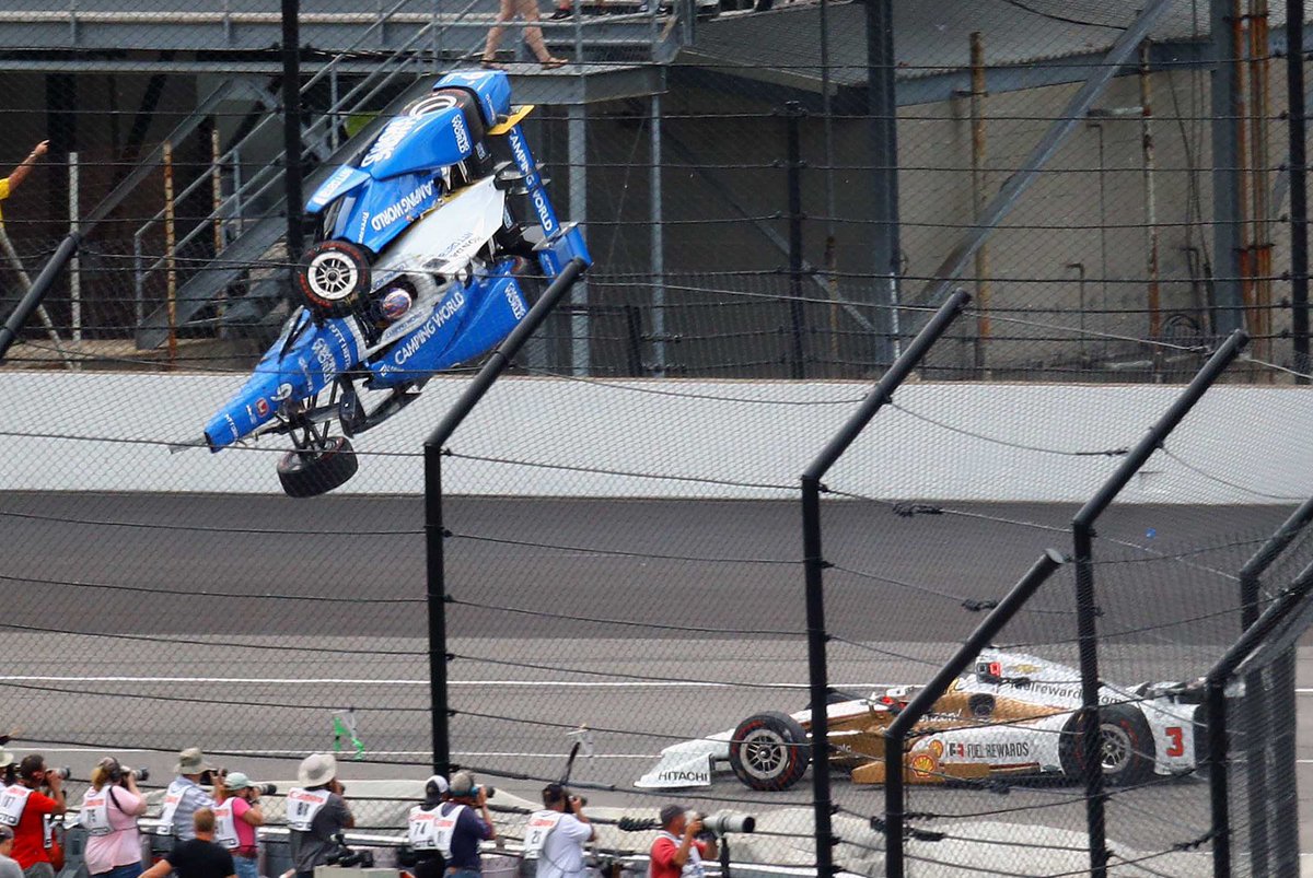 rebilasphoto's tweet photo. 9 years ago today I shot what I gotta imagine will forever be the craziest IndyCar crash of my career in the 2017 #Indy500 when Scott Dixon took an airborne flight off the car of Jay Howard and into the inside catch fence.  Dixon was unhurt in the incident. 

📸 @rebilasphoto https://t.co/ORd8QaVOIs
