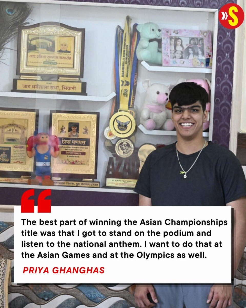 sportstarweb's tweet photo. From afternoon hill runs in Haryana to defeating a former world champion at the Asian Championships, 20-year-old sensation Priya Ghanghas’ journey reflects the grit and ambition driving India’s next generation of women’s boxing 🥊

The youngster made the most of her short break by indulging in her maa ke haath ka churma, spending time with Raja, the pup she picked up from the streets three years ago, sharing banter with her parents and brother, going on motorcycle rides, and catching up on plenty of sleep.

Read the full interview here: https://t.co/6e0ksz8Z0w

✍️: @jon_selvaraj | 📸: Shiv Kumar Pushpakar