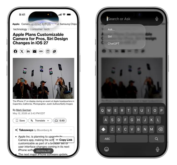 saaaanjjjuuu's tweet photo. iOS 27 is going to be one of the biggest AI focused iPhone updates till date:

• Revamped Siri
Apple is reportedly rebuilding Siri into something closer to modern AI assistants like ChatGPT and Gemini.

• Major Camera App Redesign
The Camera app is reportedly becoming fully customizable.

• AI Photo Editing Features
The Photos app is expected to gain several AI tools.

Other Reported Changes:
• A redesigned Image Playground app
• Natural language Shortcuts
• More AI powered writing tools
• New Home Screen customization
• Changes to Wallet, Safari, Weather, and Photos
• Broader Apple Intelligence integration across iPhone apps 

Via: Bloomberg
